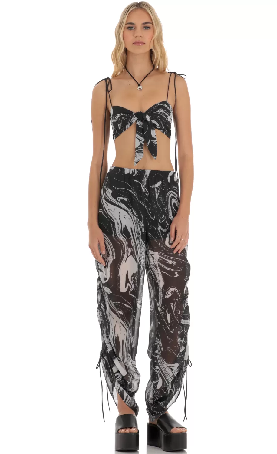 Ruched Pant Set In Black Swirl^LUCY IN THE SKY New