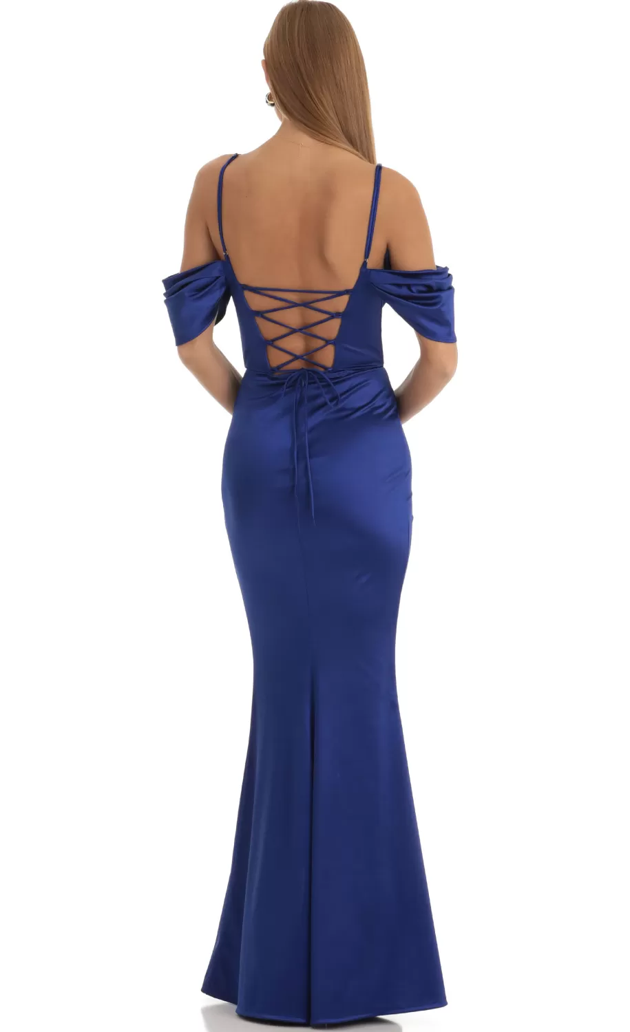 Ruched Satin Maxi Dress In Blue^LUCY IN THE SKY Online