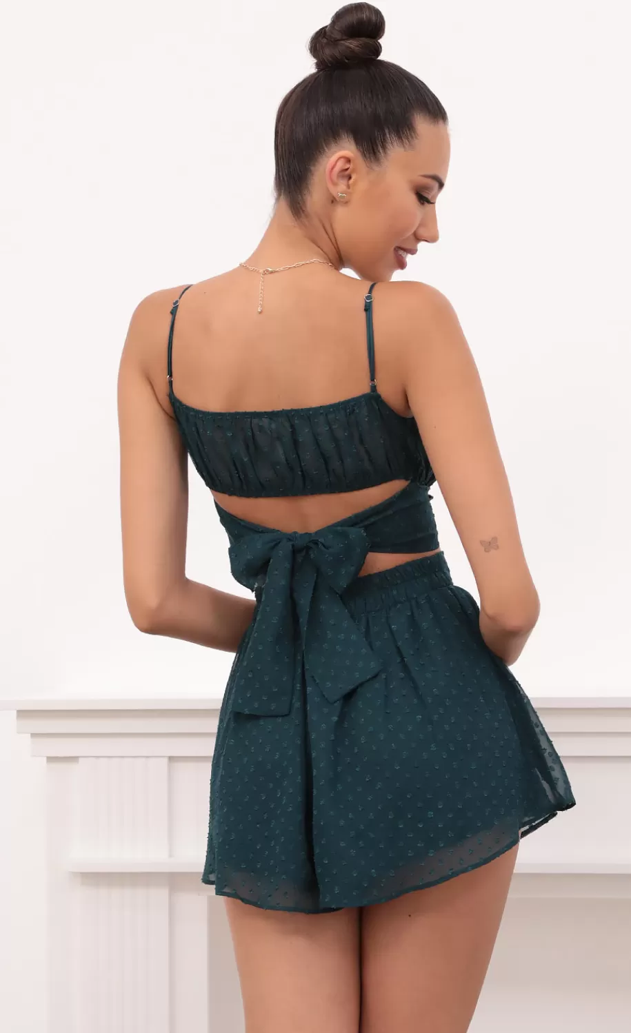 Ruched Set In Hunter Green Dotted Chiffon^LUCY IN THE SKY Shop