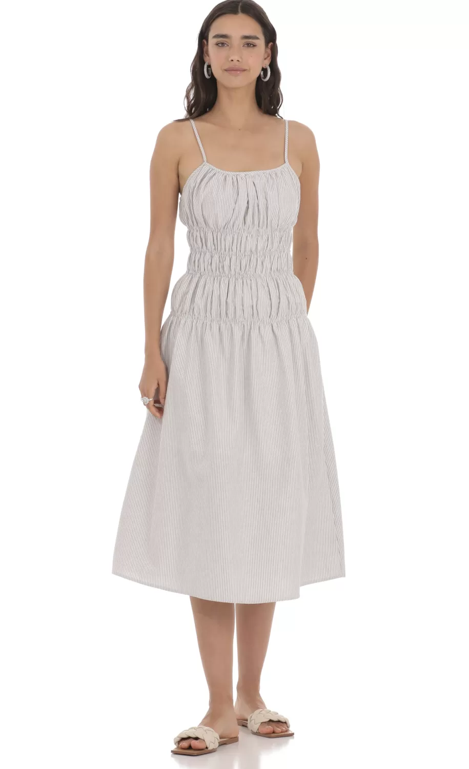 Ruched Striped Midi Dress In Grey^LUCY IN THE SKY Outlet