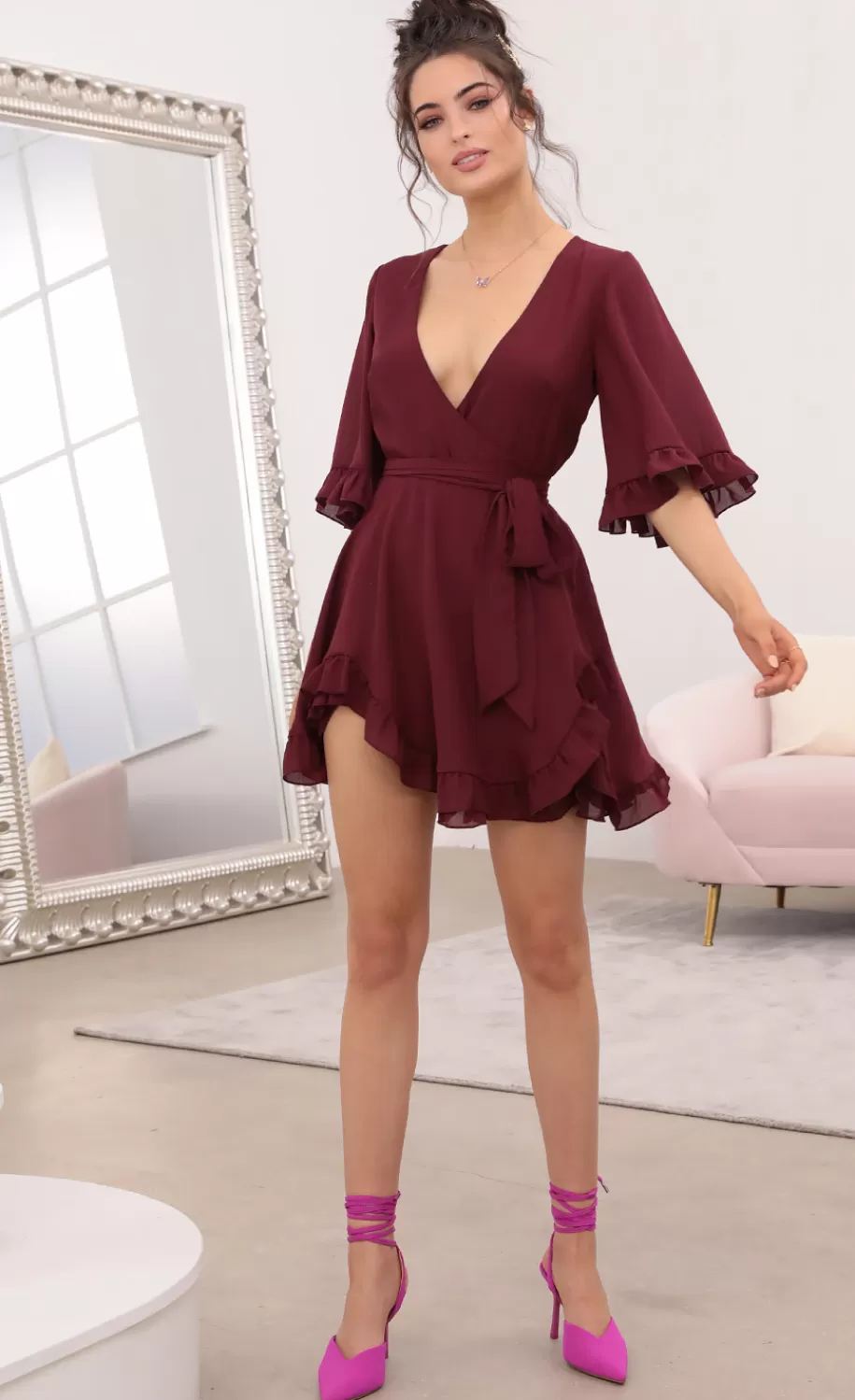 Ruffle Dress In Burgundy^LUCY IN THE SKY Best Sale