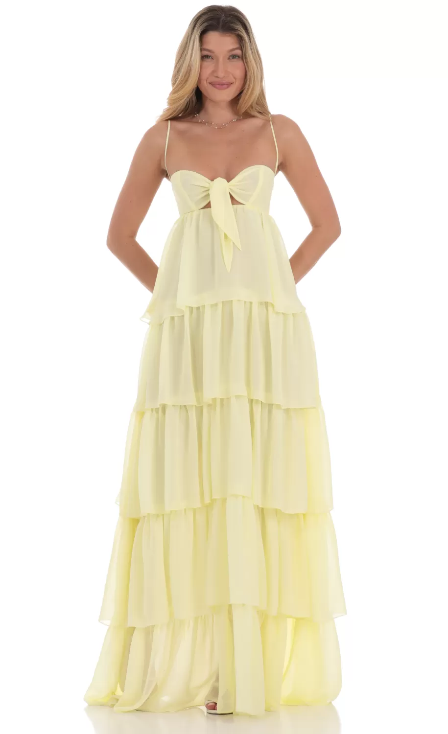 Ruffle Front Tie Maxi Dress In Yellow^LUCY IN THE SKY Shop