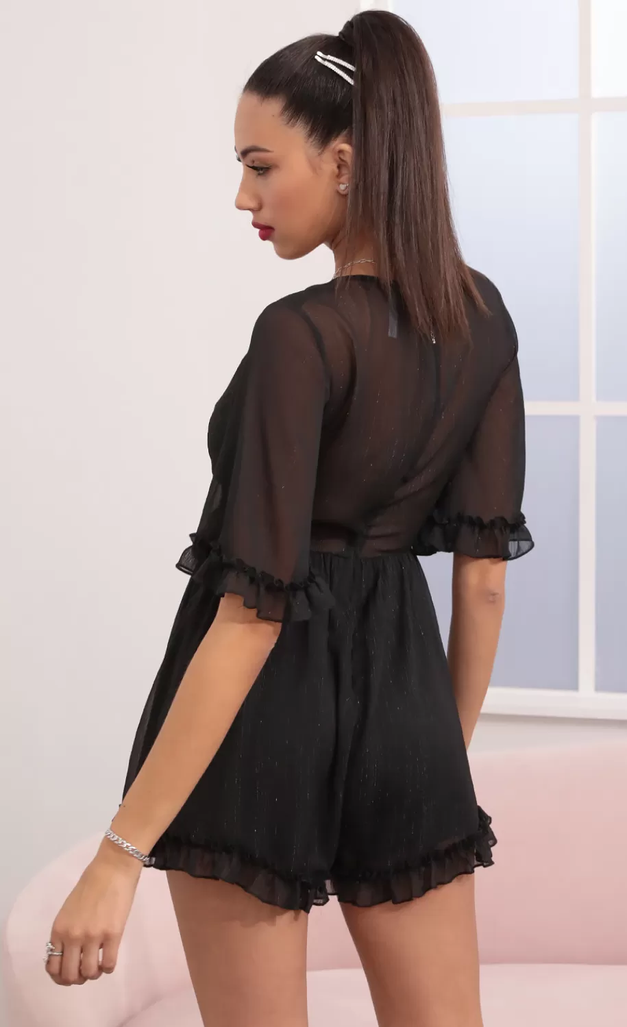 Ruffle Romper In Black^LUCY IN THE SKY Store