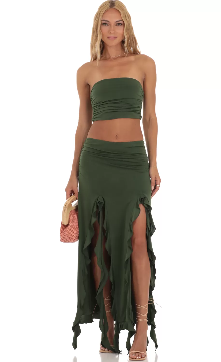 Ruffle Slit Two Piece Set In Green^LUCY IN THE SKY Discount