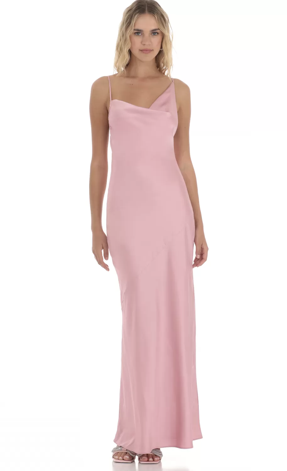 Satin Asymmetrical Cowl Neck Maxi Dress In Pink^LUCY IN THE SKY Cheap