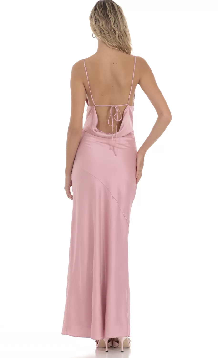 Satin Asymmetrical Cowl Neck Maxi Dress In Pink^LUCY IN THE SKY Cheap