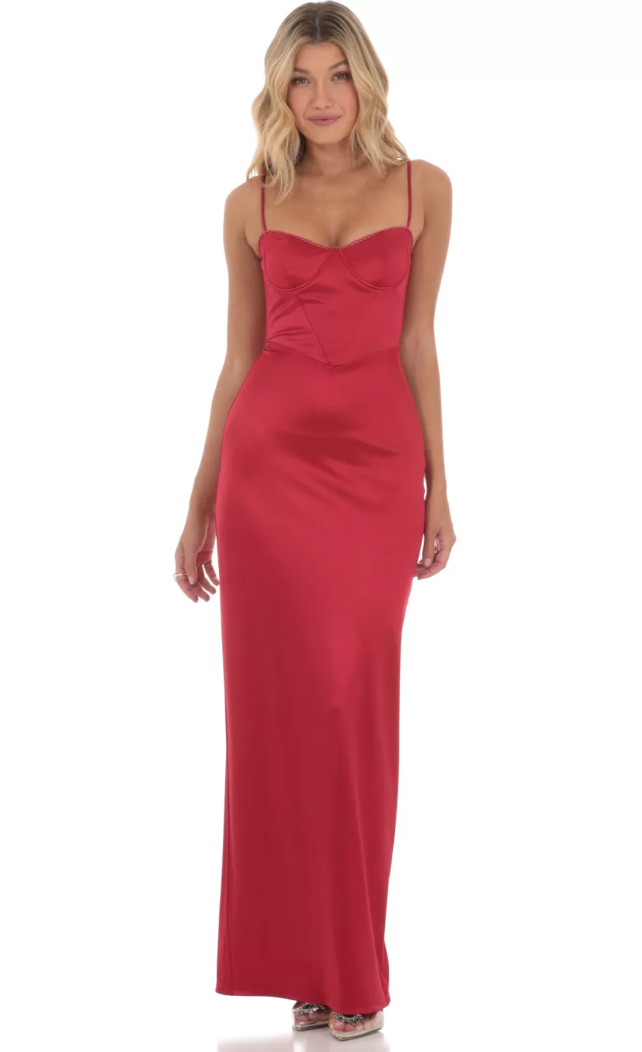 Satin Bodycon Maxi Dress In Red^LUCY IN THE SKY New