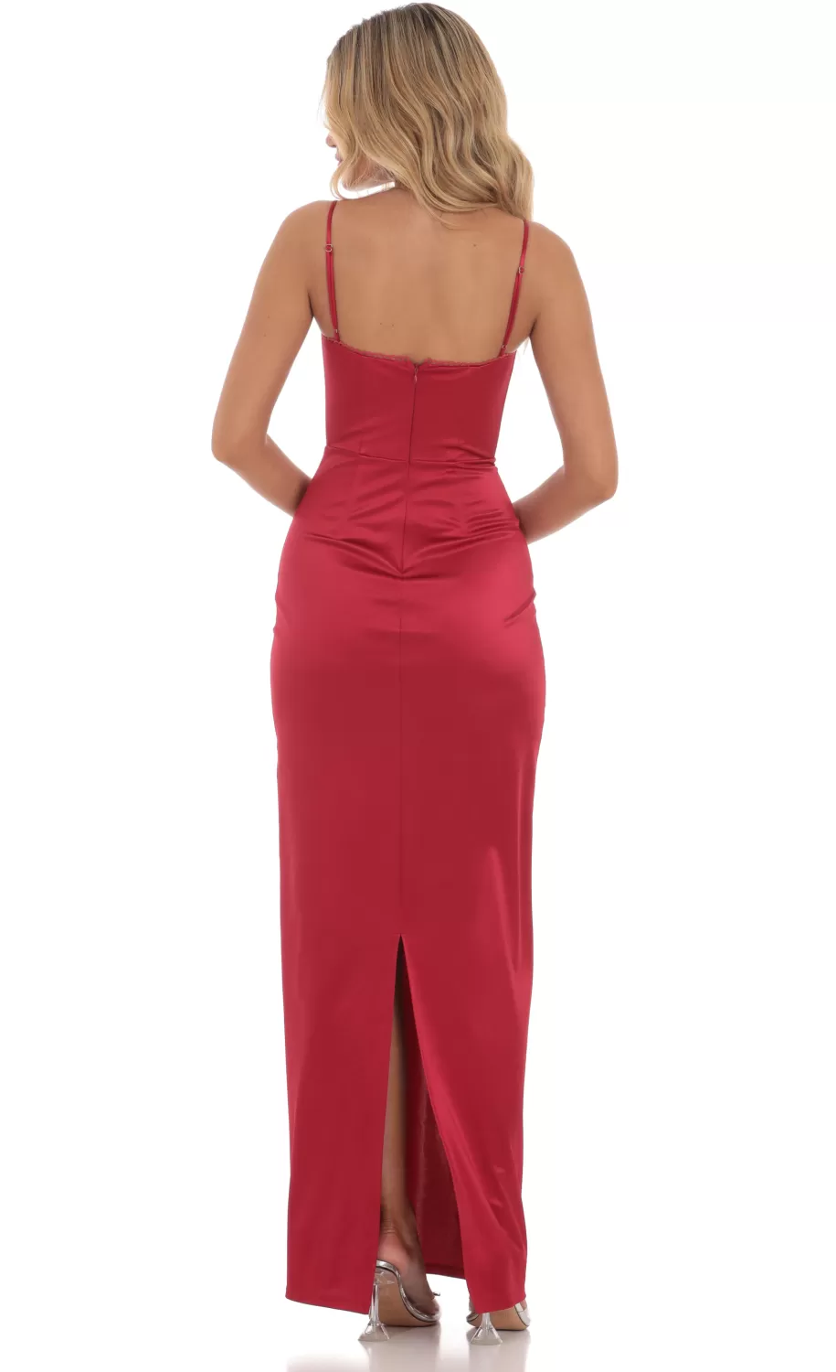 Satin Bodycon Maxi Dress In Red^LUCY IN THE SKY New