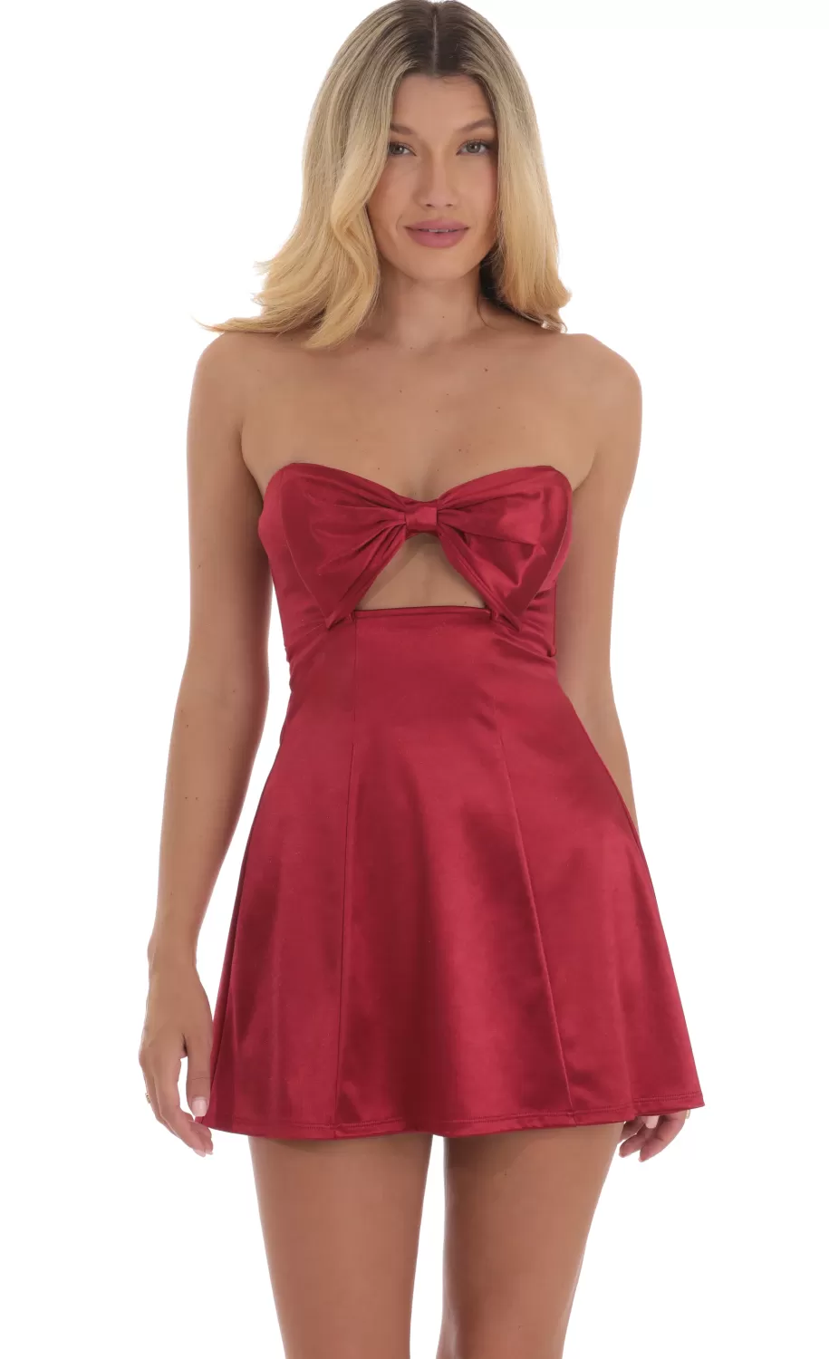 Satin Bow Cutout Strapless Dress In Red^LUCY IN THE SKY Fashion