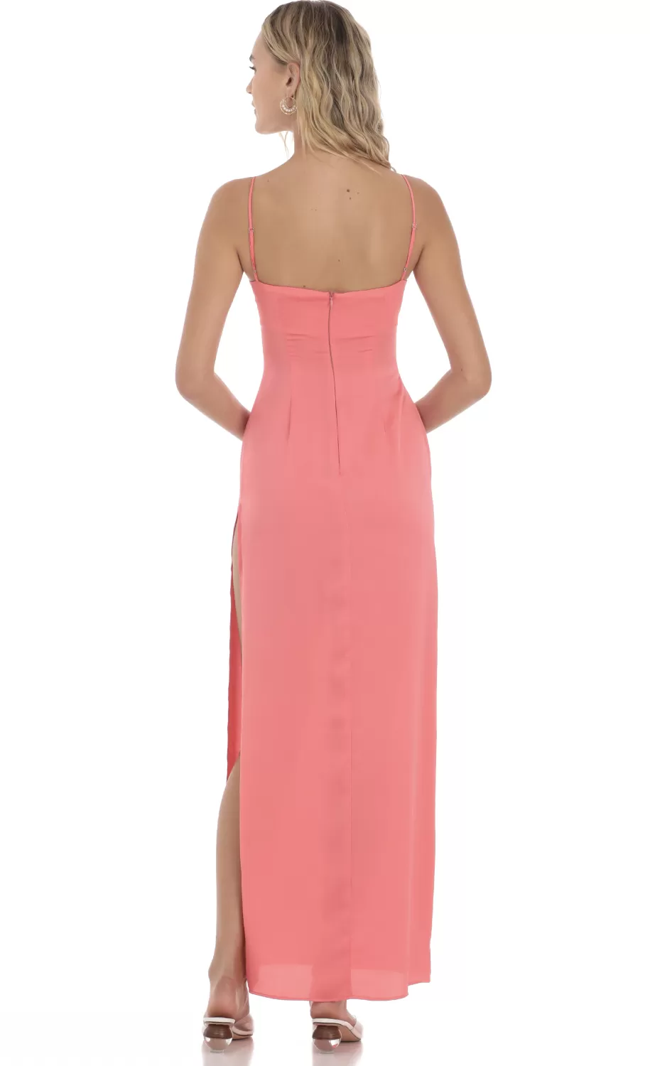 Satin Cinched Maxi Dress In Coral^LUCY IN THE SKY Best Sale