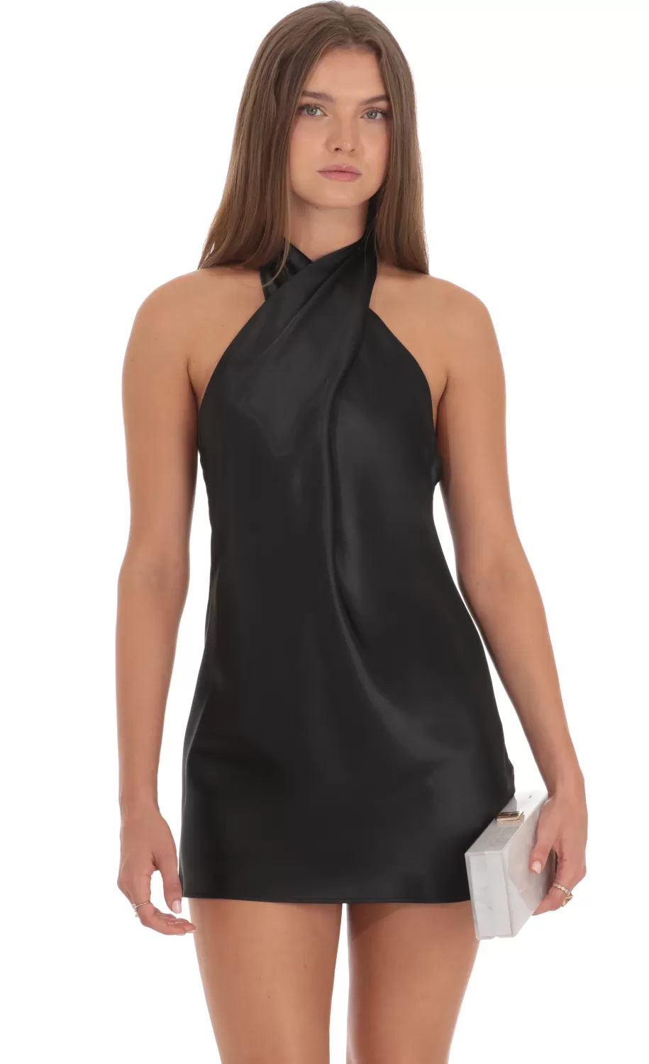 Satin Cross Halter Dress In Black^LUCY IN THE SKY Outlet