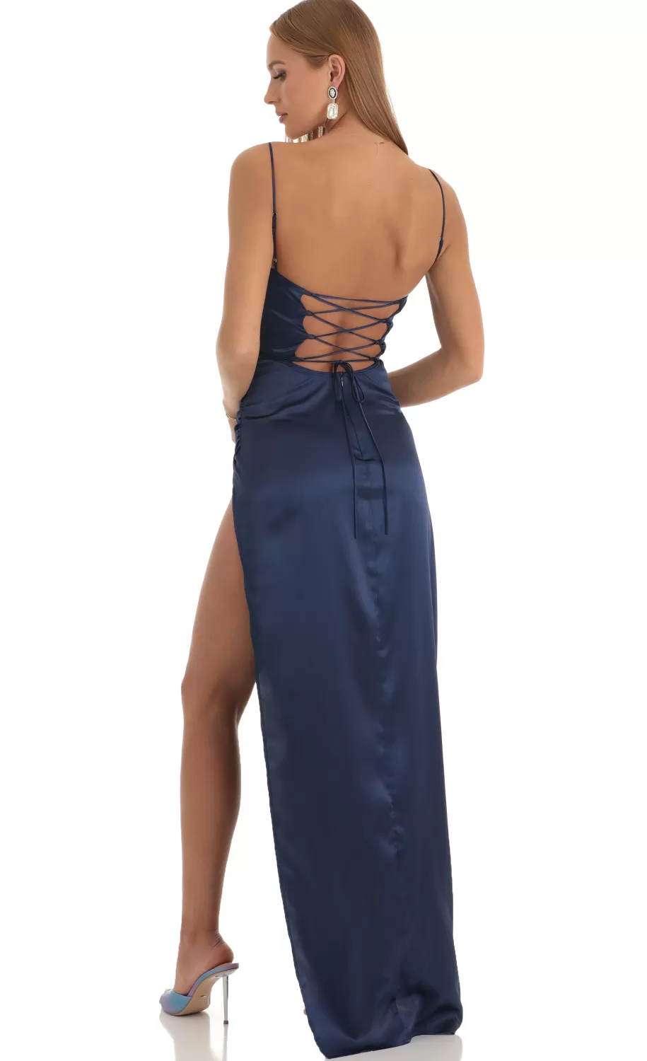 Satin Draped High Slit Maxi Dress In Navy^LUCY IN THE SKY Best