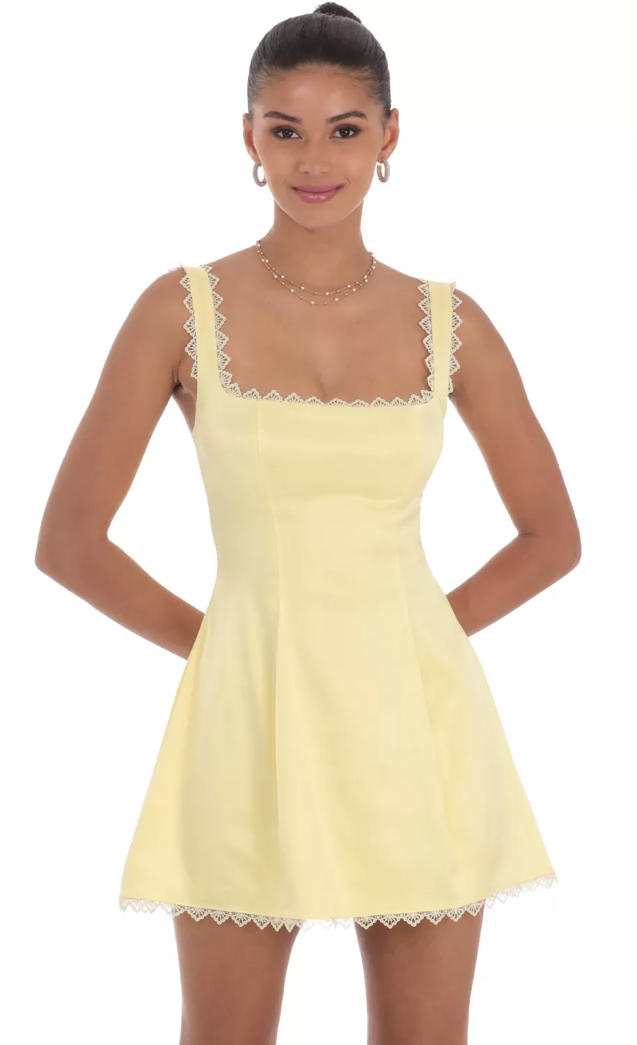 Satin Embroidered Fit And Flare Dress In Yellow^LUCY IN THE SKY Store