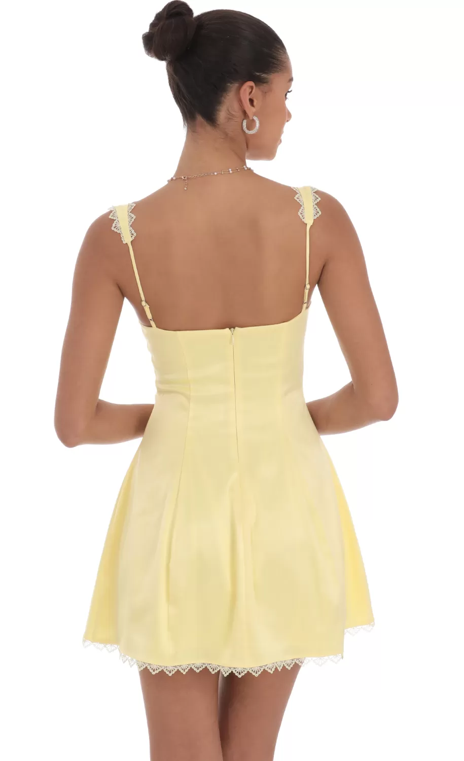 Satin Embroidered Fit And Flare Dress In Yellow^LUCY IN THE SKY Store