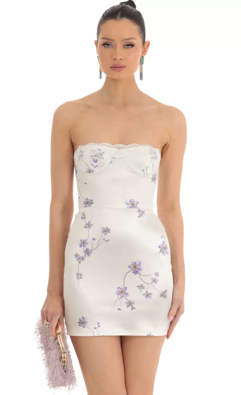 Satin Floral Lace Strapless Dress In White^LUCY IN THE SKY Hot