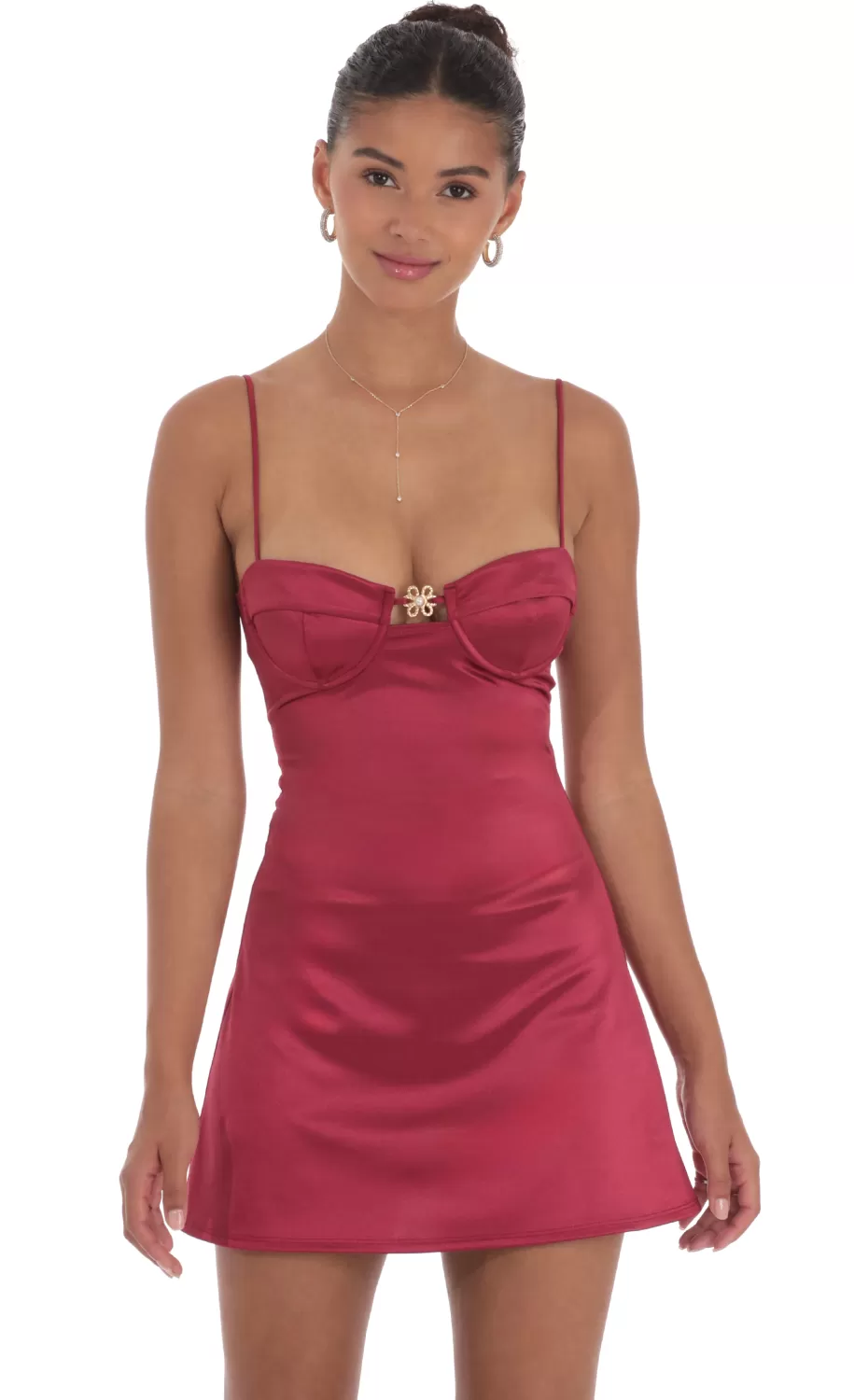 Satin Front Hook Dress In Maroon^LUCY IN THE SKY Clearance