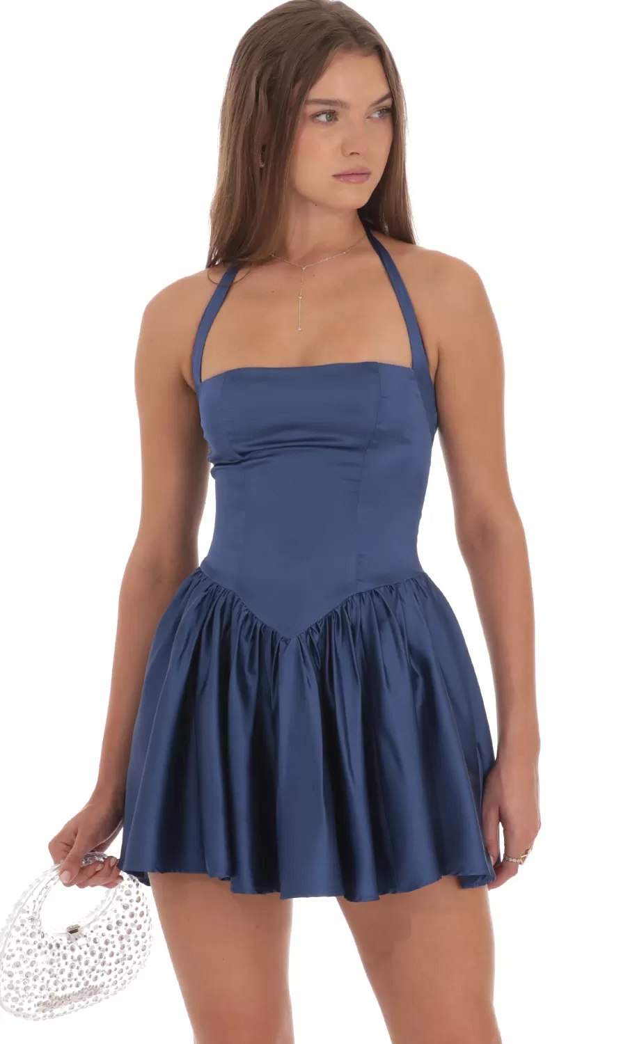 Satin Halter A-line Dress In Slate Blue^LUCY IN THE SKY Cheap