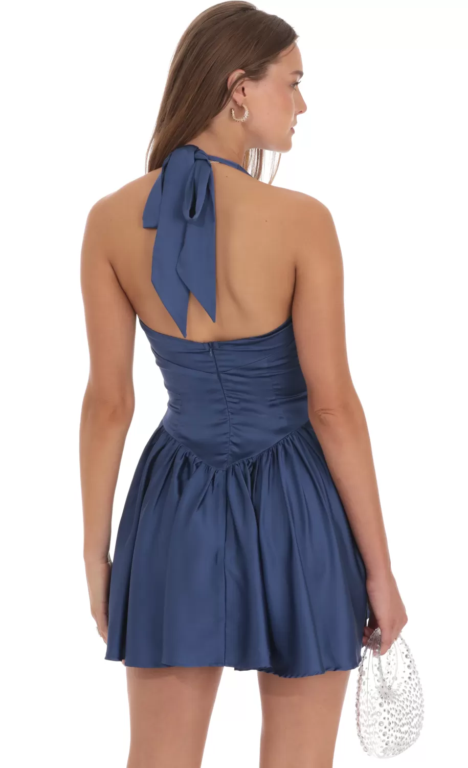 Satin Halter A-line Dress In Slate Blue^LUCY IN THE SKY Cheap