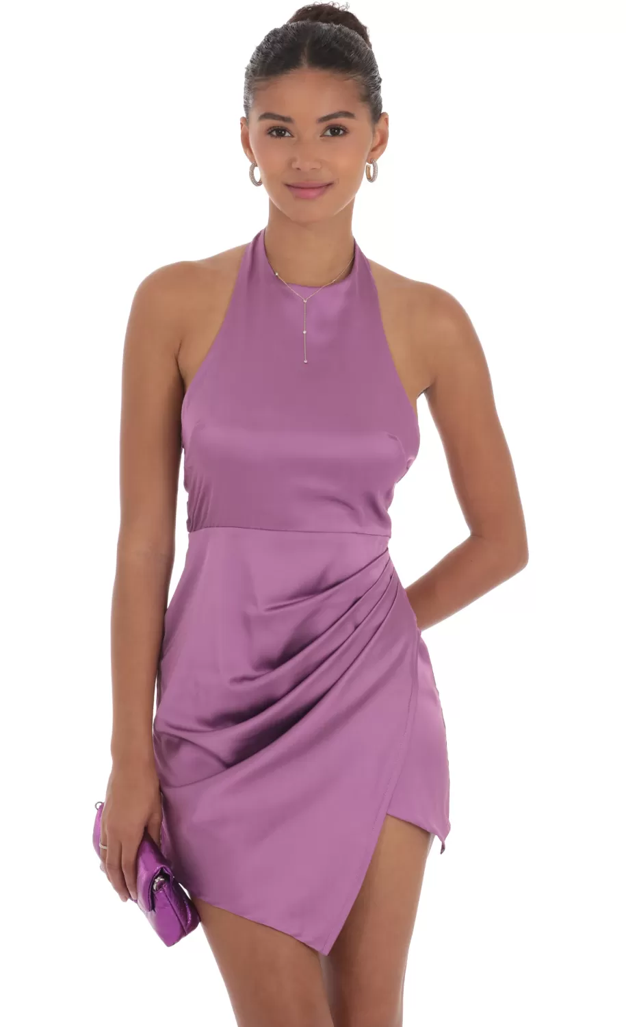 Satin Halter High Neck Dress In Purple^LUCY IN THE SKY Discount