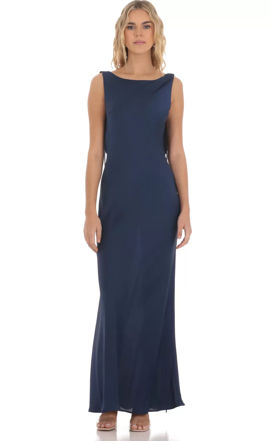 Satin High Neck Open Back Maxi Dress In Navy^LUCY IN THE SKY Store