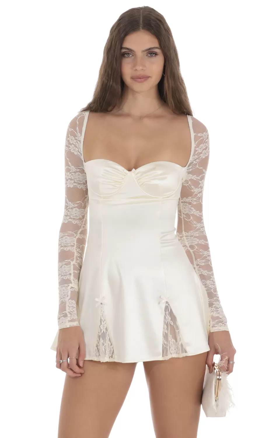 Satin Lace A-line Dress In Cream^LUCY IN THE SKY Clearance