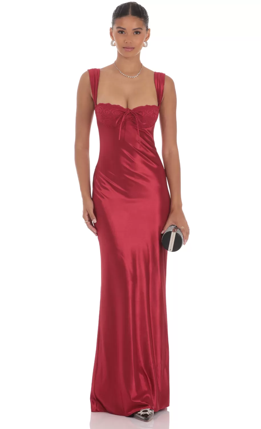 Satin Lace-Bust Dress In Red^LUCY IN THE SKY Clearance