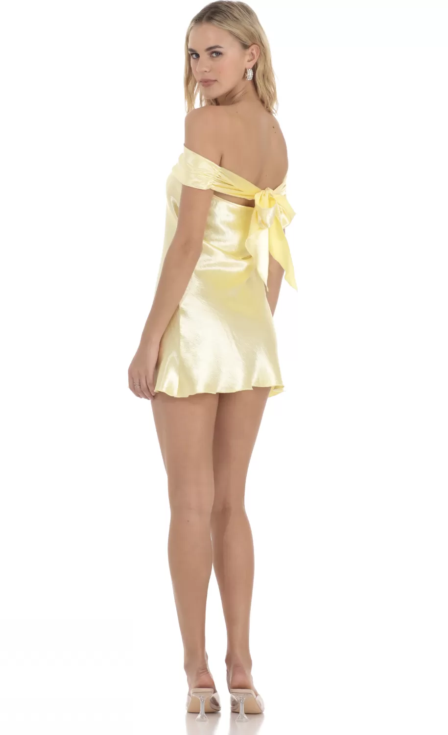 Satin Off Shoulder Dress In Yellow^LUCY IN THE SKY Discount