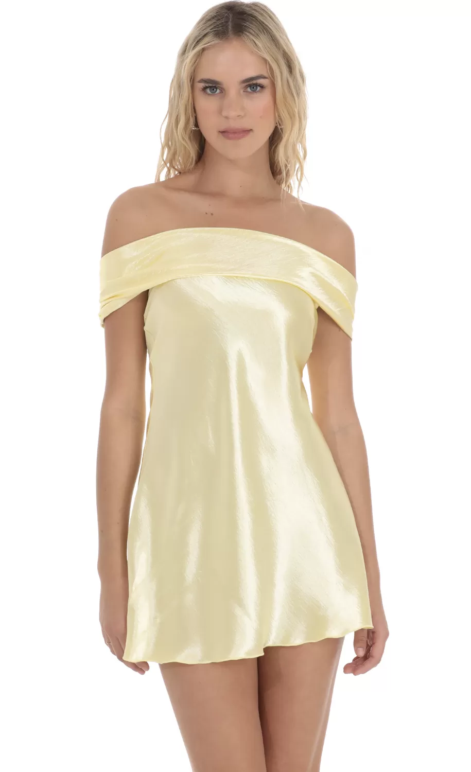 Satin Off Shoulder Dress In Yellow^LUCY IN THE SKY Discount