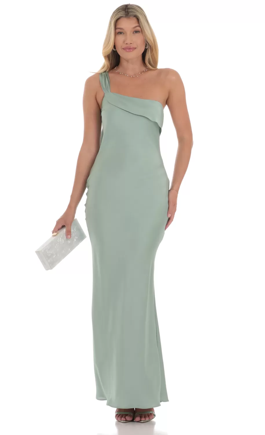 Satin One Shoulder Tassel Maxi Dress In Sage^LUCY IN THE SKY New