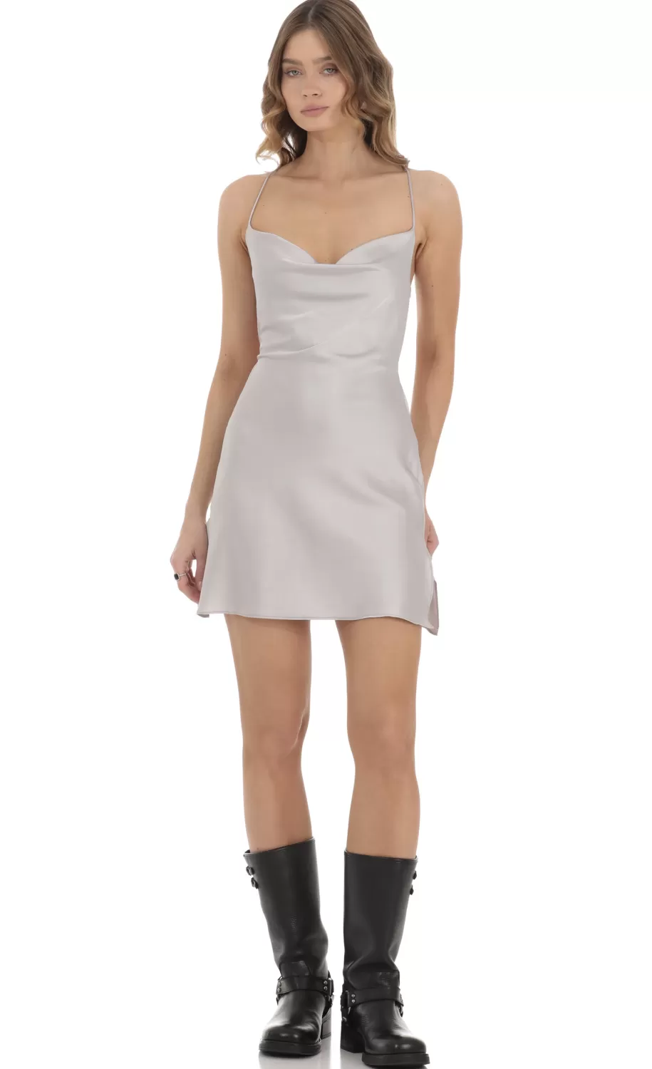 Satin Open Back Dress In Grey^LUCY IN THE SKY Store