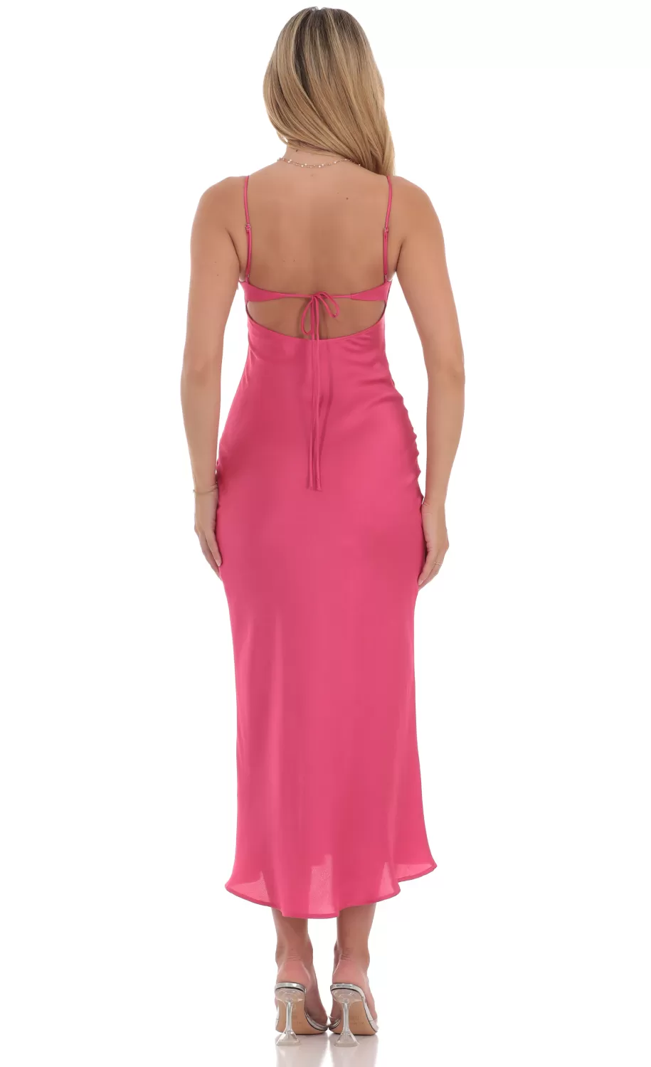 Satin Open Back Midi Dress In Hot Pink^LUCY IN THE SKY Clearance