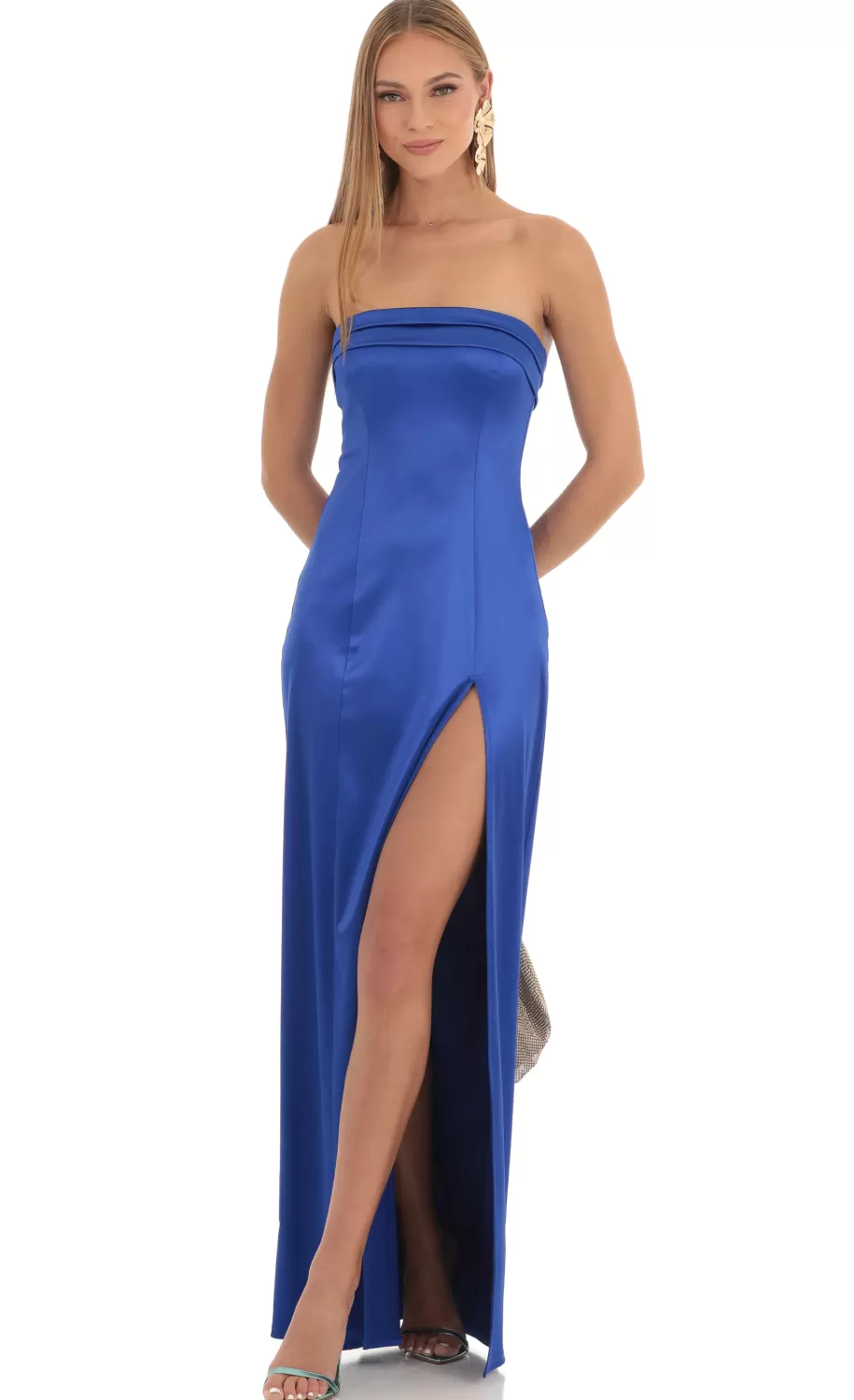 Satin Pleated Strapless Maxi Dress In Royal Blue^LUCY IN THE SKY Fashion