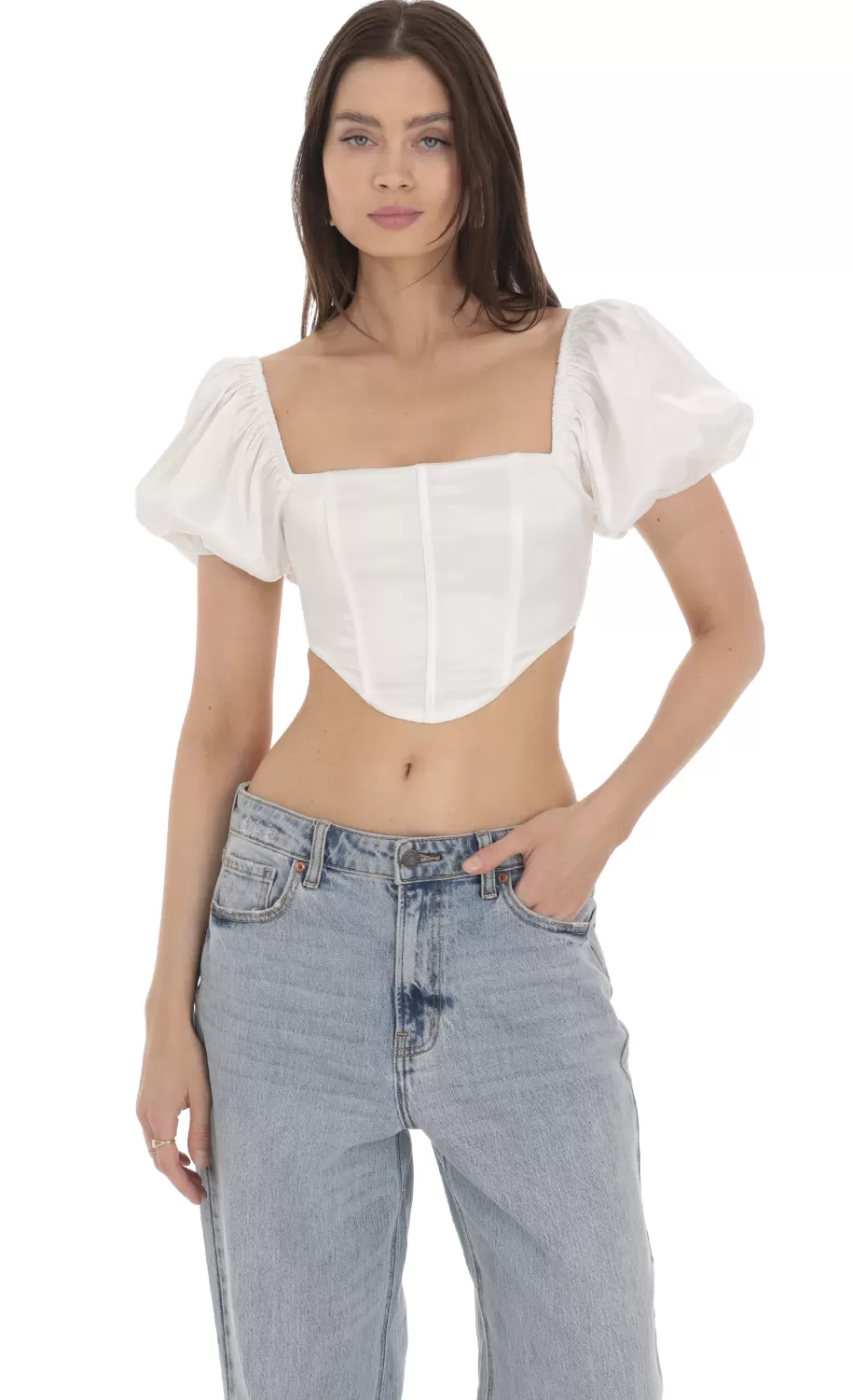 Satin Puff Sleeve Corset Top In White^LUCY IN THE SKY Fashion