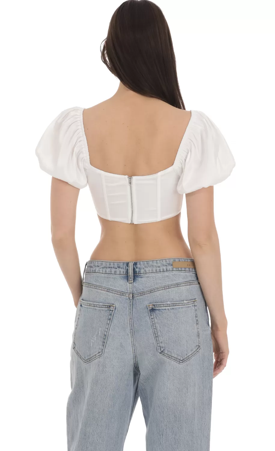 Satin Puff Sleeve Corset Top In White^LUCY IN THE SKY Fashion