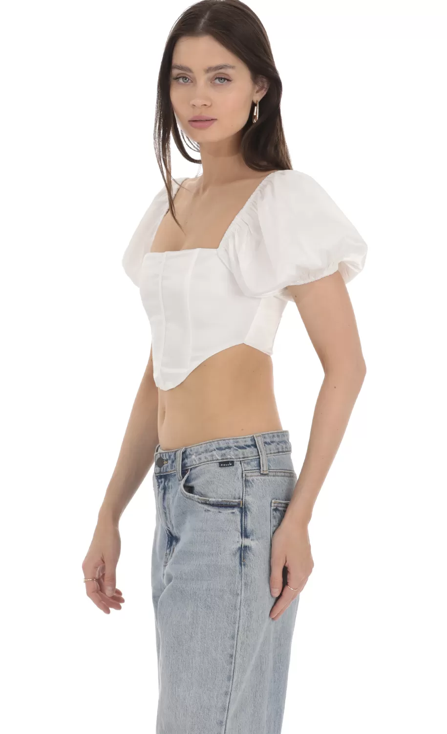 Satin Puff Sleeve Corset Top In White^LUCY IN THE SKY Fashion
