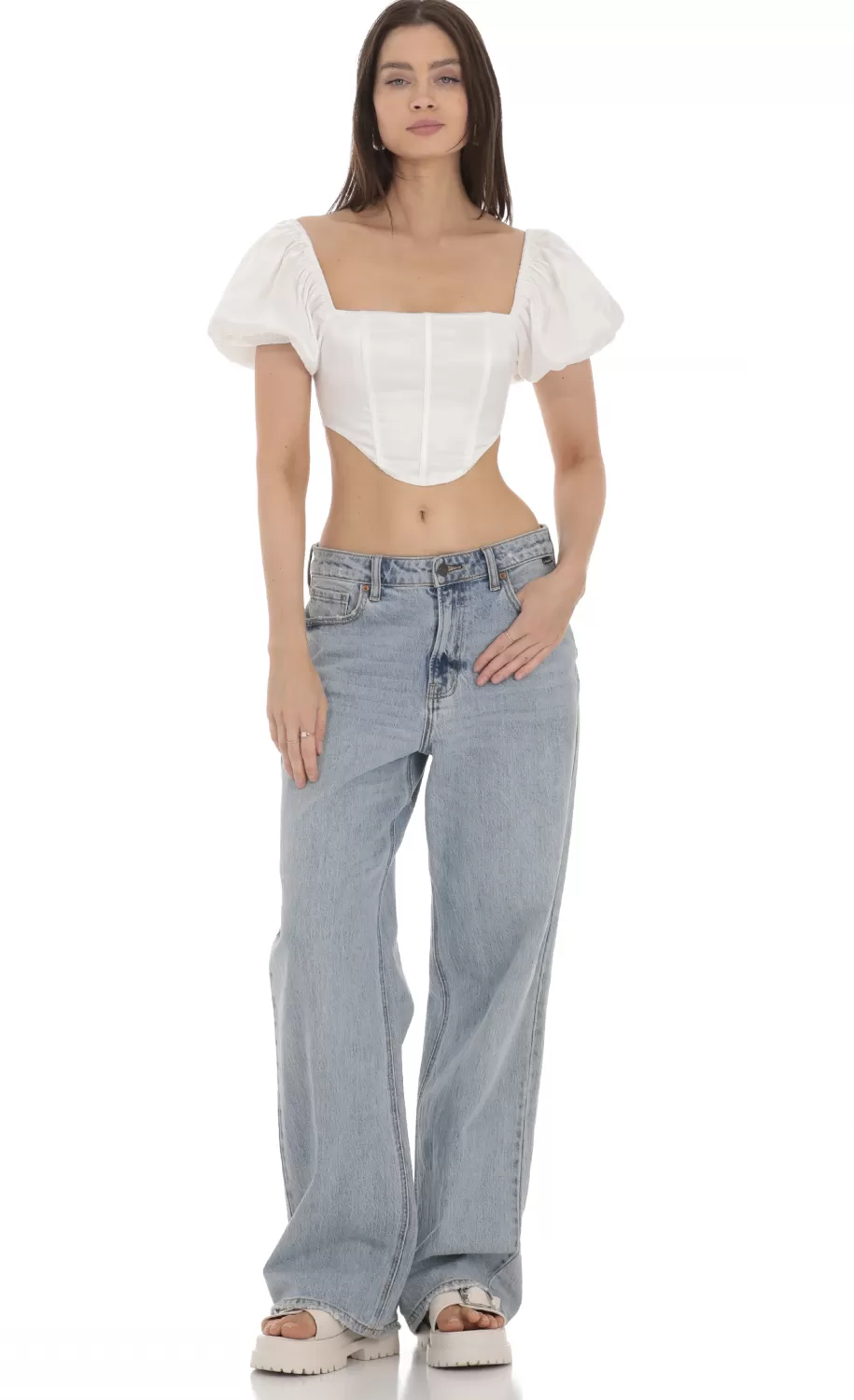 Satin Puff Sleeve Corset Top In White^LUCY IN THE SKY Fashion