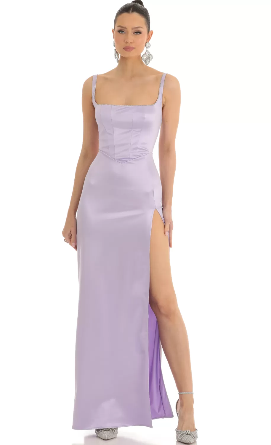 Satin Rhinestone Maxi Dress In Lilac^LUCY IN THE SKY Best