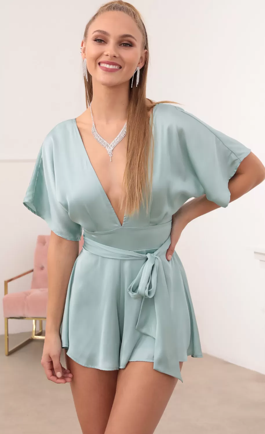 Satin Romper In Teal^LUCY IN THE SKY Fashion