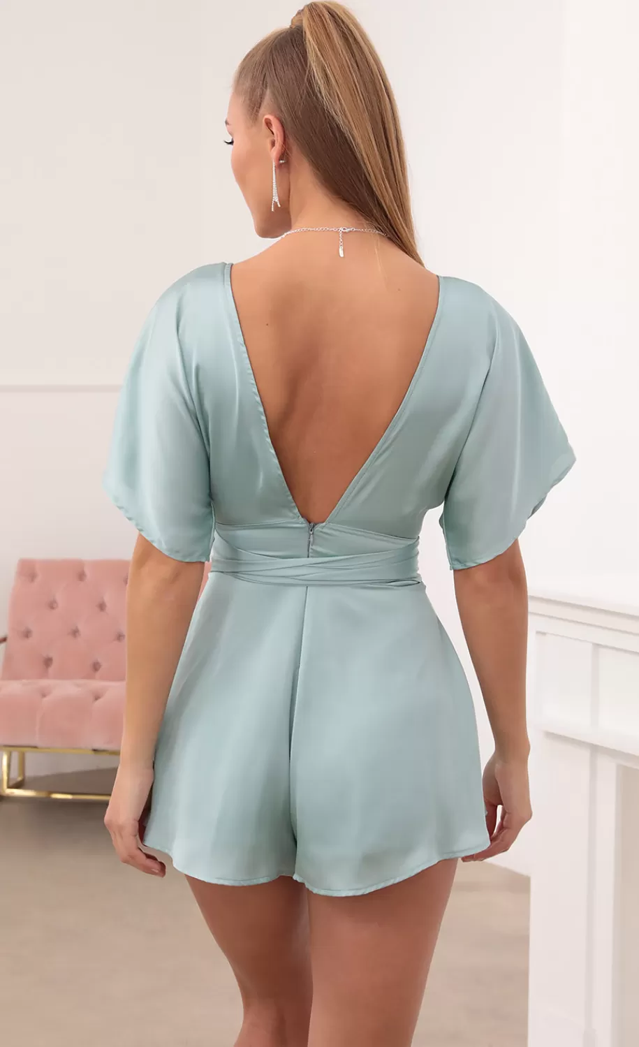 Satin Romper In Teal^LUCY IN THE SKY Fashion