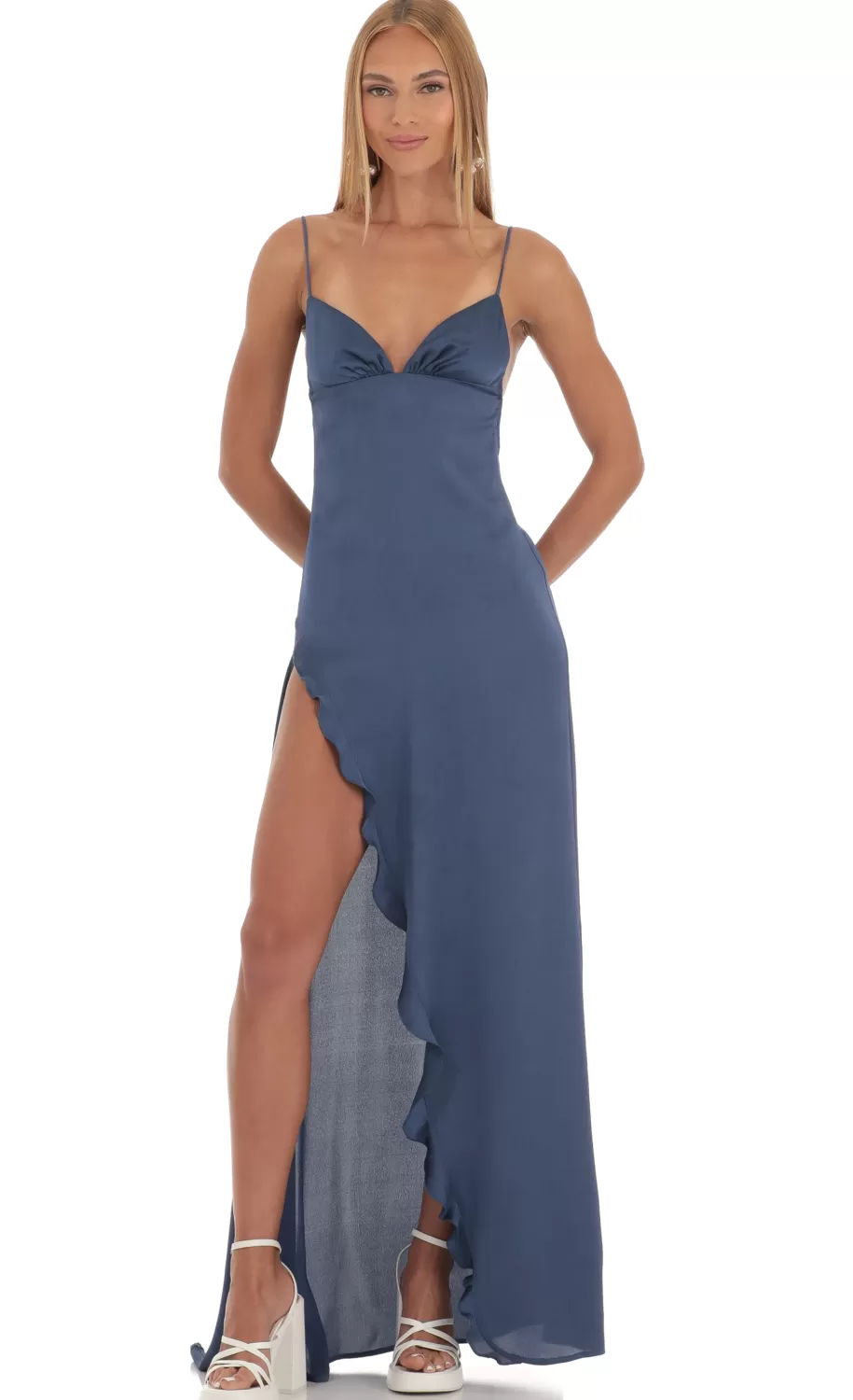 Satin Ruffle Maxi Dress In Blue^LUCY IN THE SKY Online