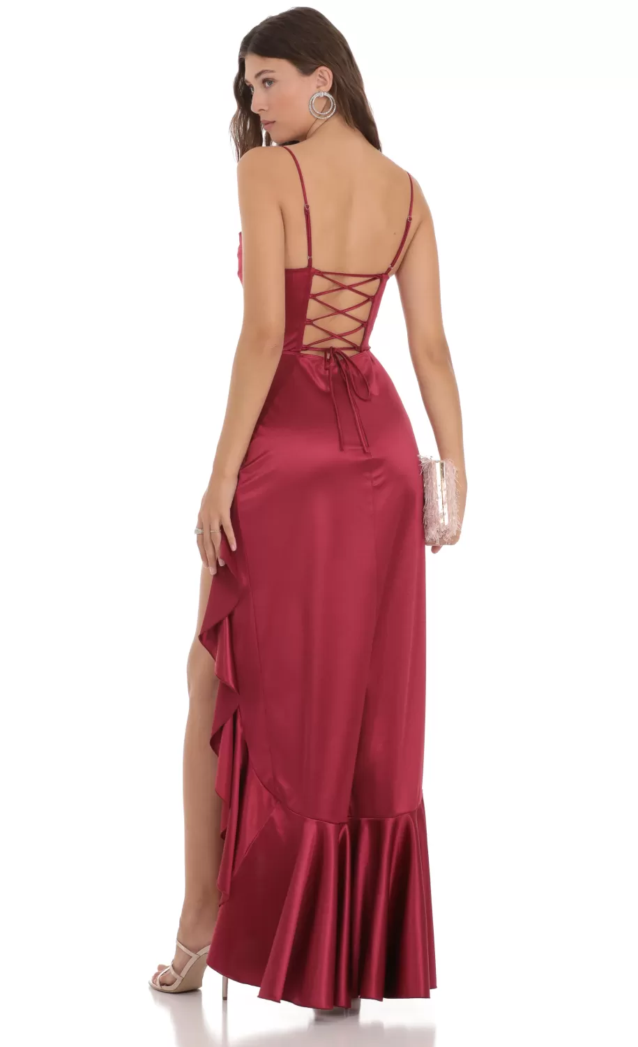 Satin Ruffle Maxi Dress In Maroon^LUCY IN THE SKY New