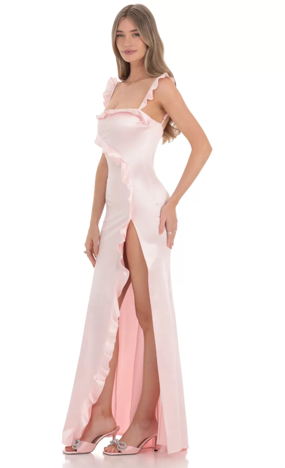 Satin Ruffle Maxi Dress In Pink^LUCY IN THE SKY New