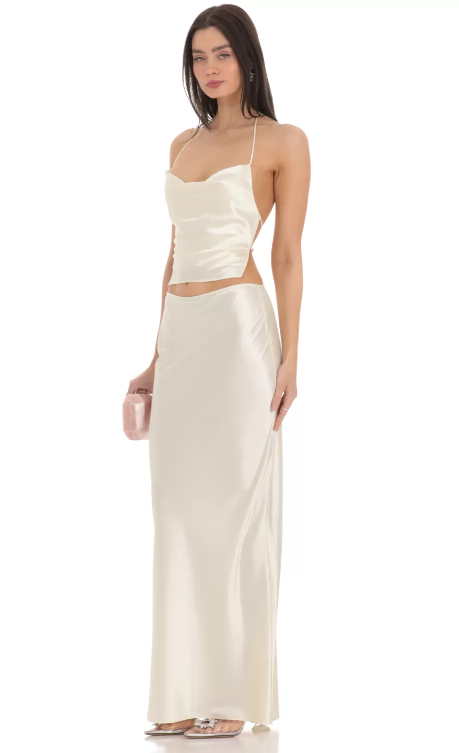 Satin Slip Two Piece Set In Ivory^LUCY IN THE SKY Clearance