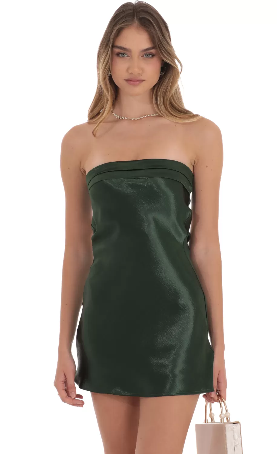 Satin Strapless Slip Dress In Dark Green^LUCY IN THE SKY Shop