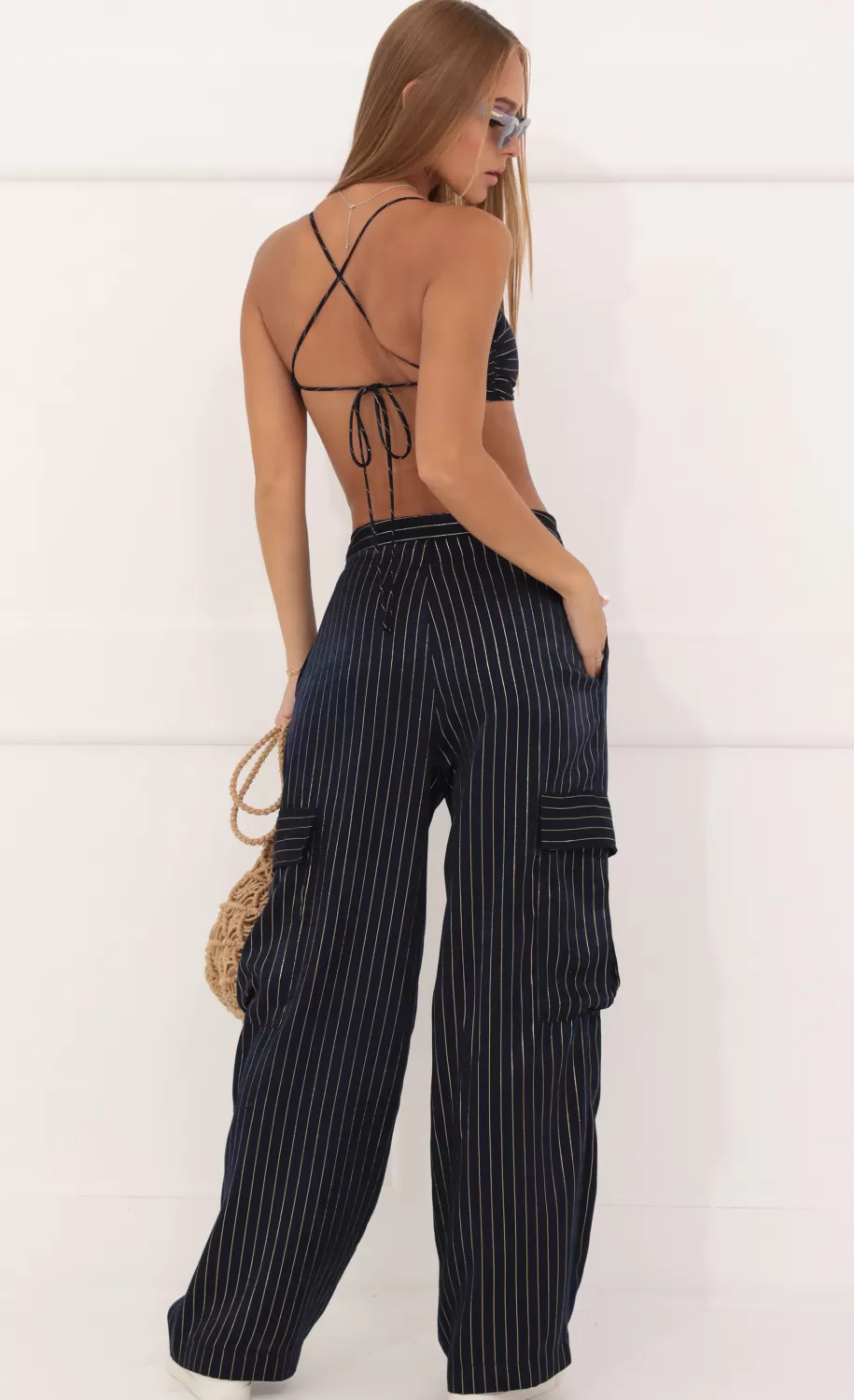 Satin Striped Two Piece Set In Navy^LUCY IN THE SKY Best Sale