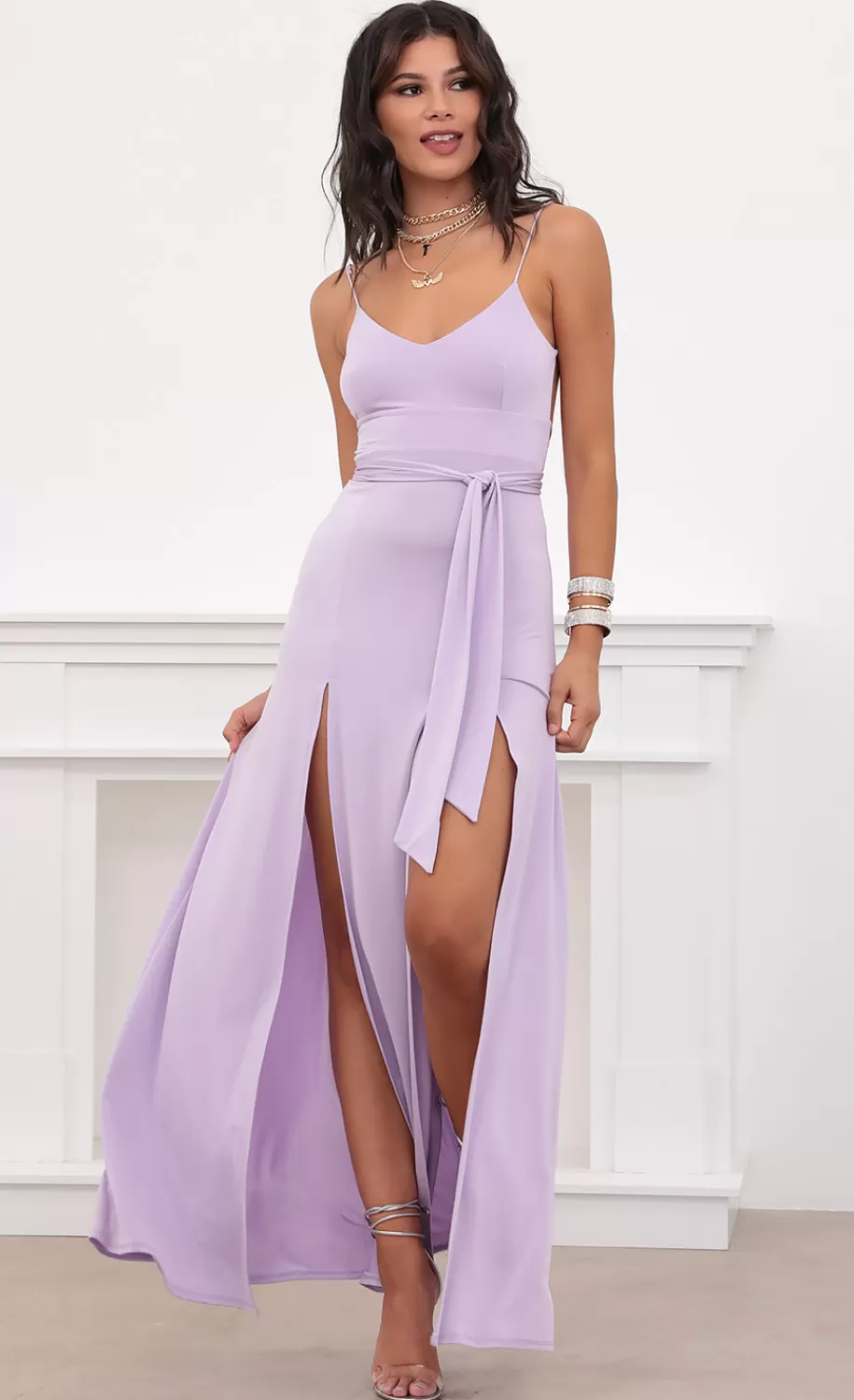 Satin Tie Maxi In Lilac^LUCY IN THE SKY Clearance