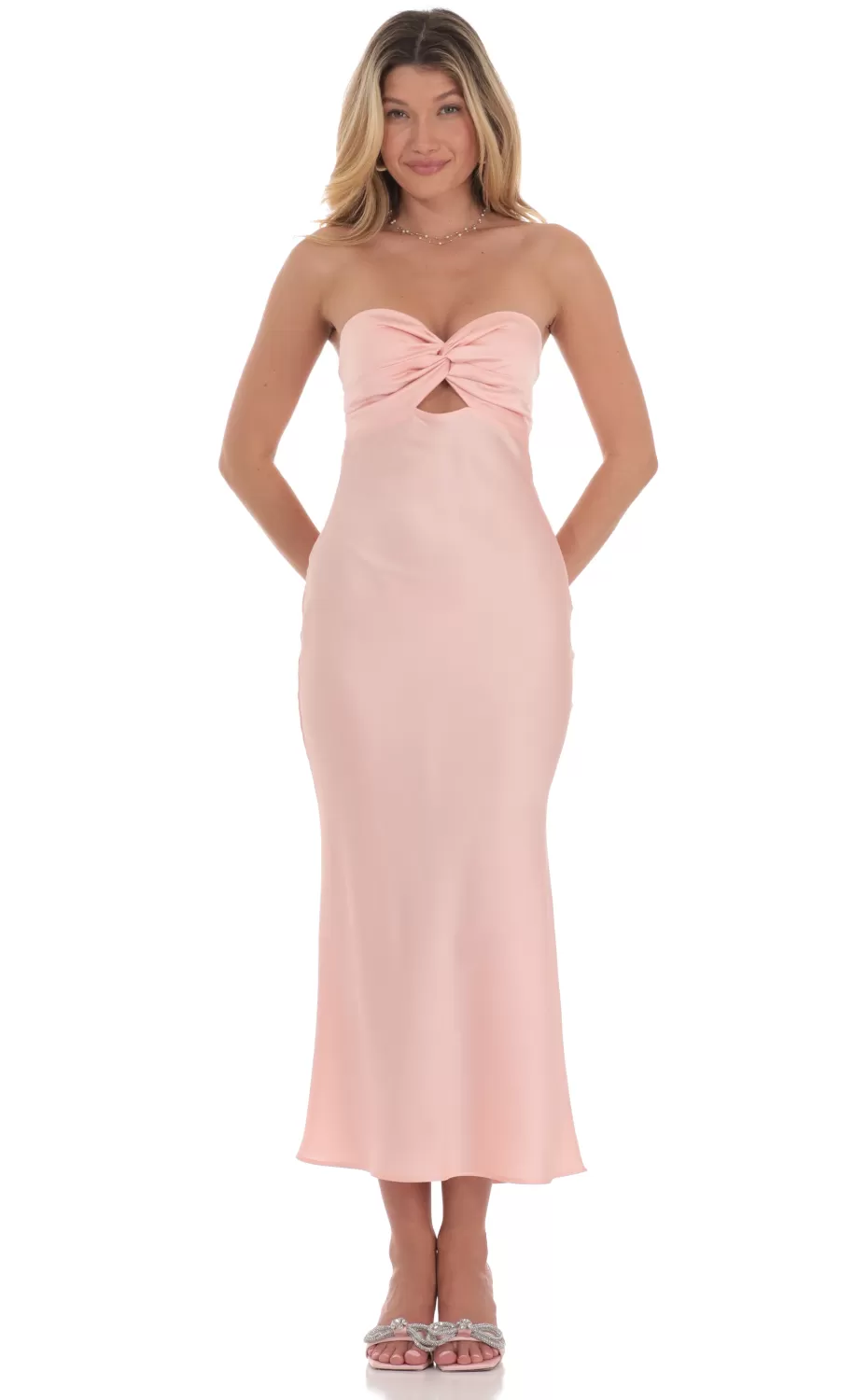 Satin Twist Cutout Midi Dress In Pink^LUCY IN THE SKY Fashion