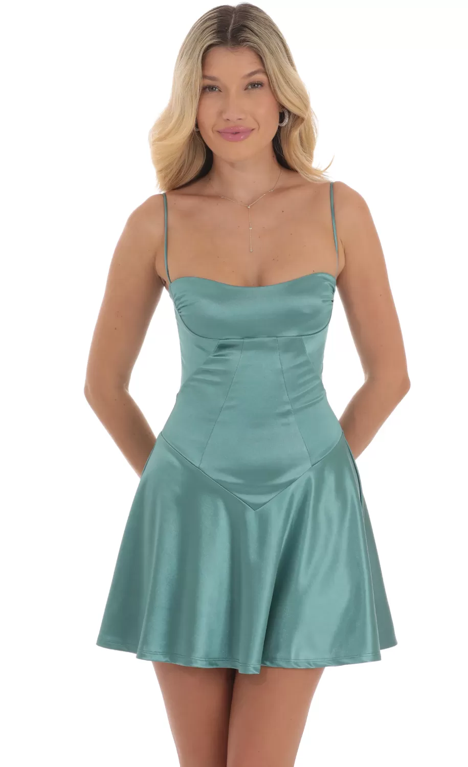 Satin V-Drop Waist Dress In Slate Green^LUCY IN THE SKY New