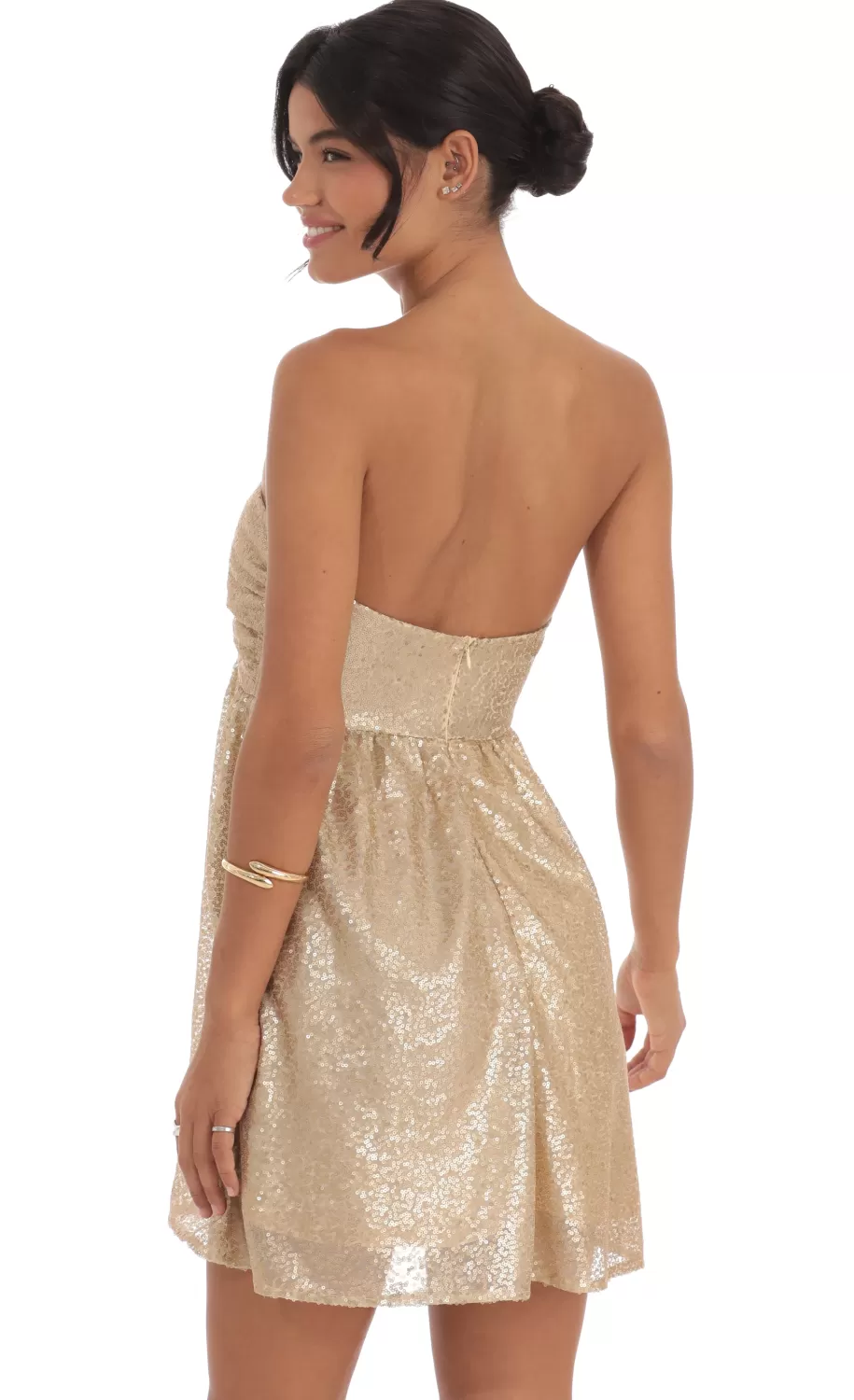 Sequin Babydoll Dress In Gold^LUCY IN THE SKY Sale