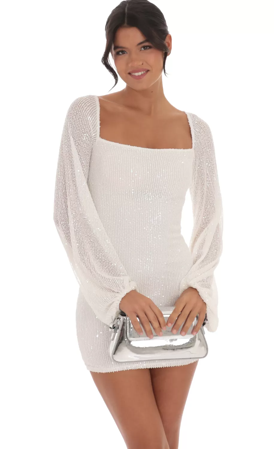 Sequin Balloon Sleeve Dress In White^LUCY IN THE SKY Outlet